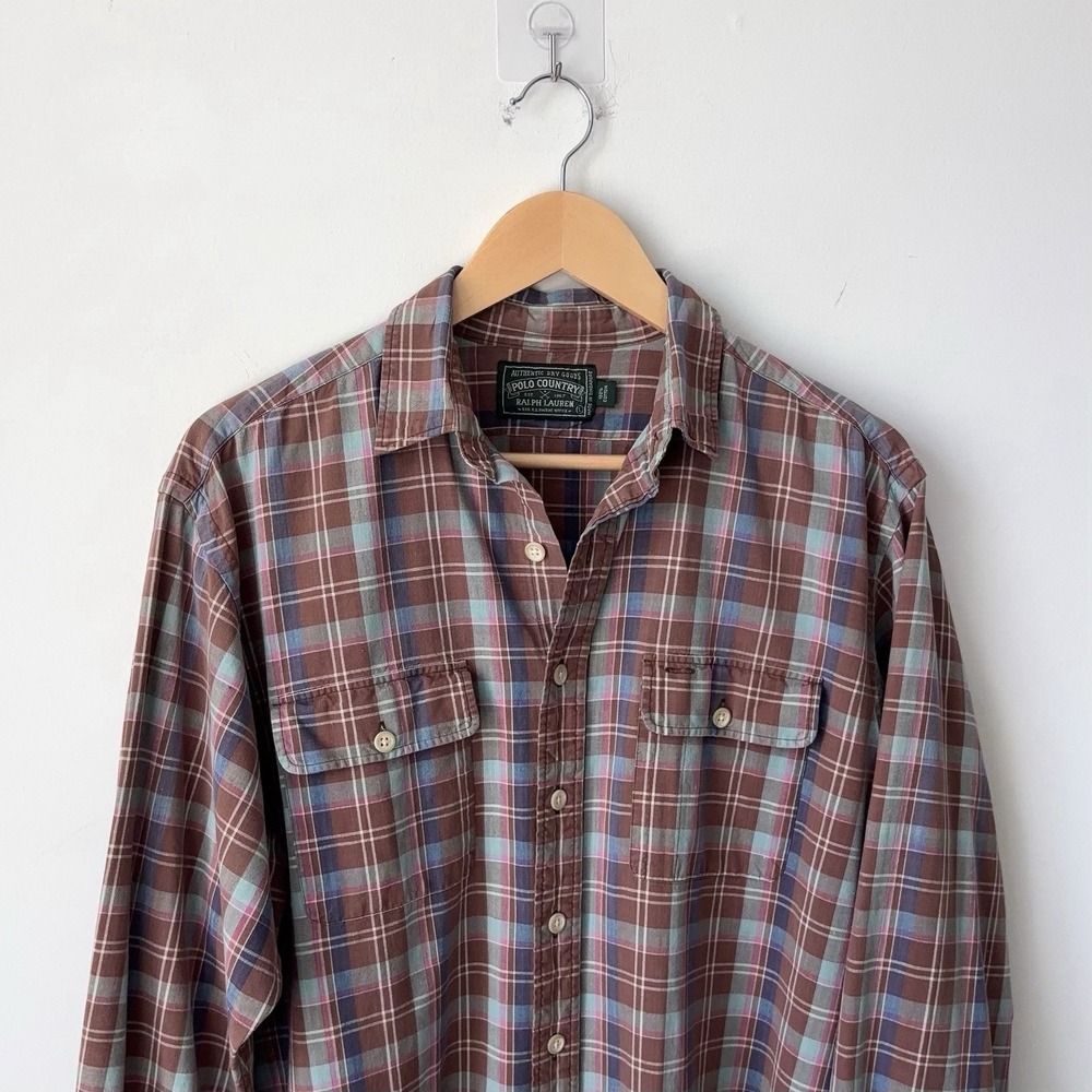 Vintage Polo Country Ralph Lauren Plaid Work Shirt Sz L Brown Outdoor Sportsman